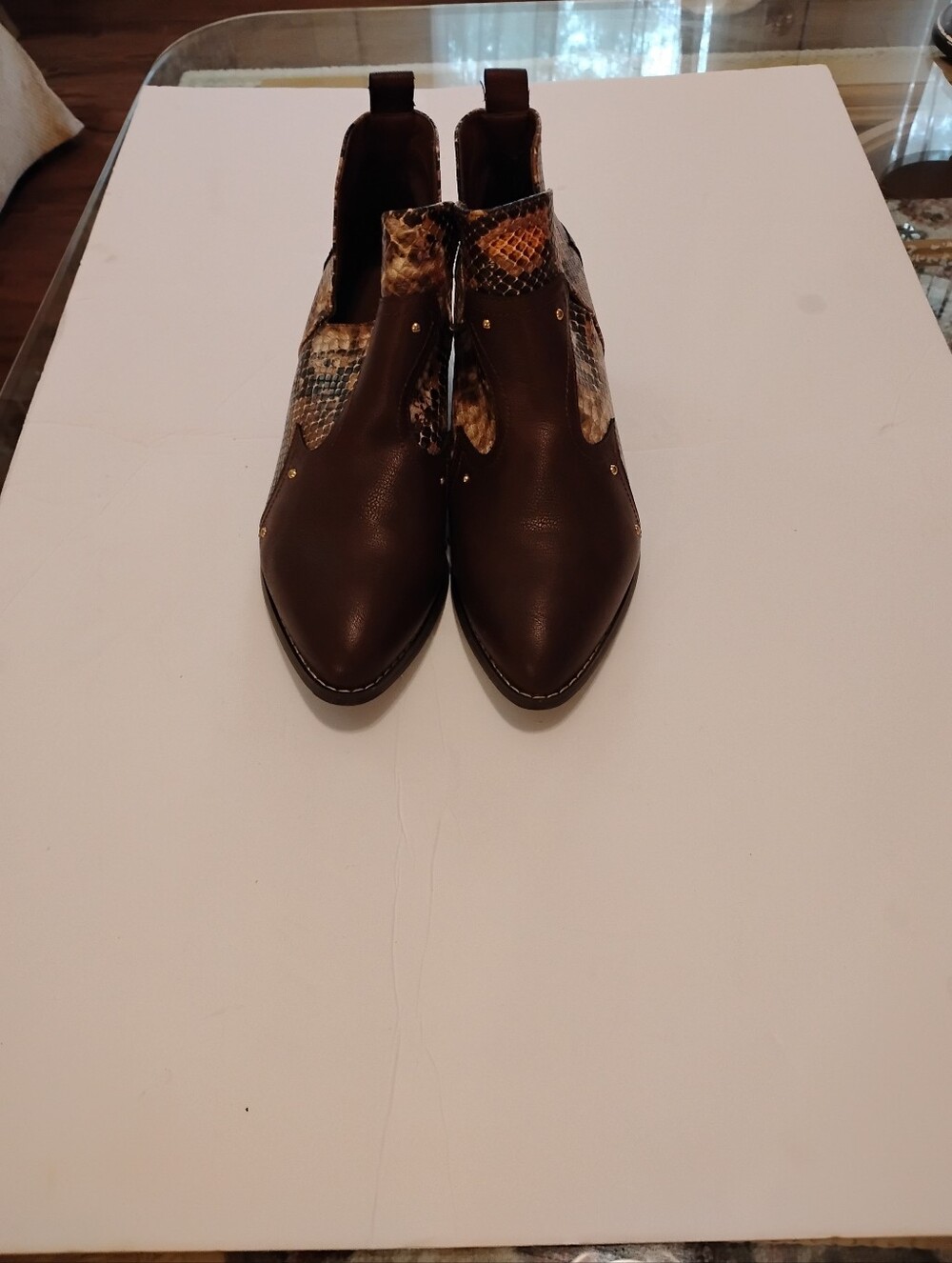 Cato Brown Pointed Toe Ankle Boots with Snake-Print Panels